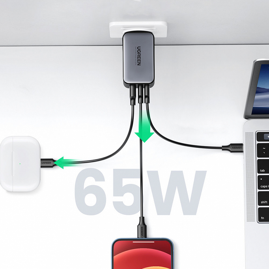 Сетевое зарядное устройство UGREEN CD244 (10335) Nexode USB-A+2шт USB-C 65W GaN чёрное