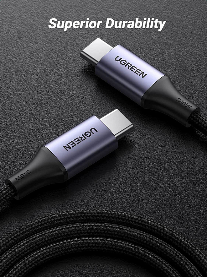 Кабель Ugreen US535 (90440) USB-C to USB-C Cable 240W Aluminum Case With Braid (2 метра) Серый космос