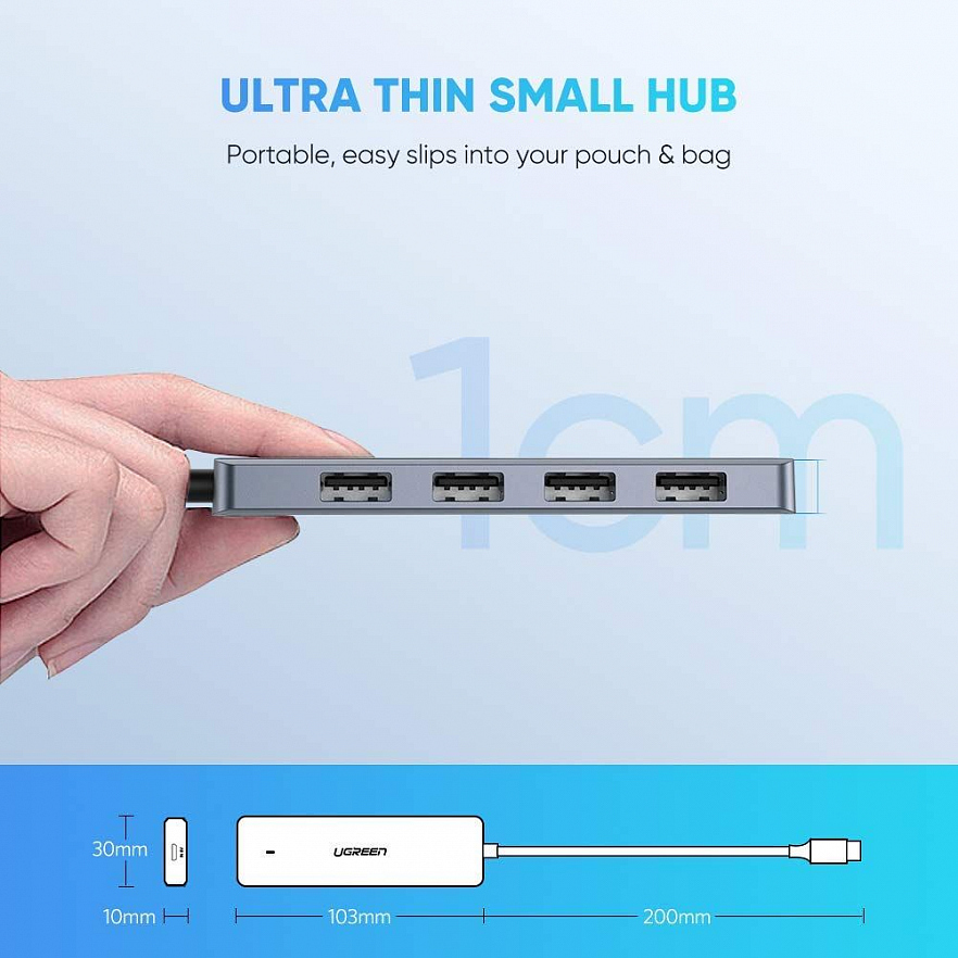 Хаб UGREEN CM219 (70336) 4-Port USB3.0 Hub with USB-C Power Supply серый