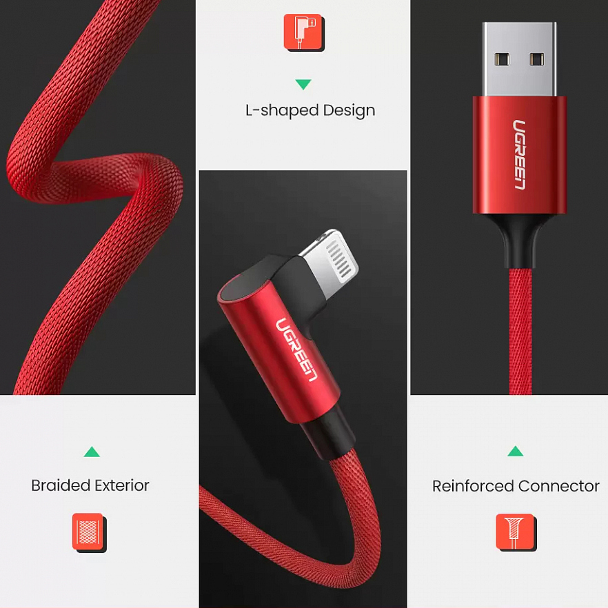 Кабель Ugreen US299 Right Angle USB-A to Lightning Cable (1 метр) красный (60555)